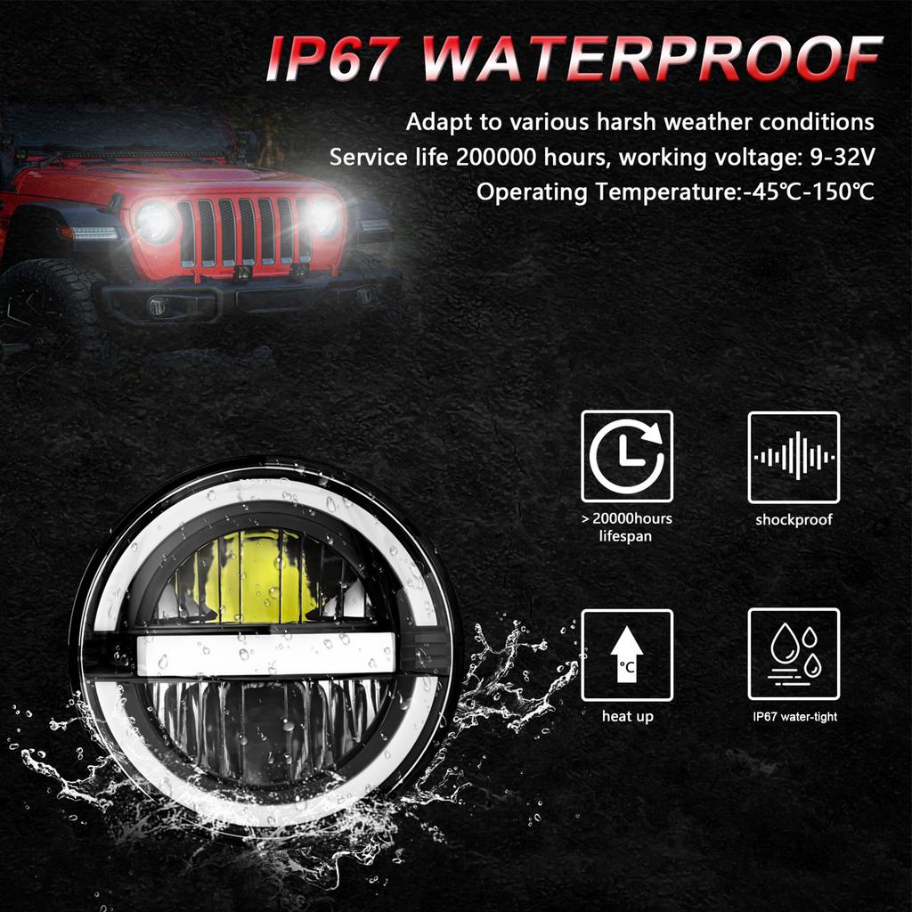 2 Pack Round LED Headlights, 7 Inch Headlamps with White High Low Beam, Amber Turn Signal, DRL, IP67 Rated, Compatible