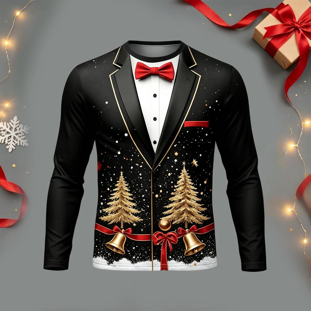 Men's Casual Christmas Suit Print Long Sleeve T-Shirt Round Neck Tee for Holiday Party