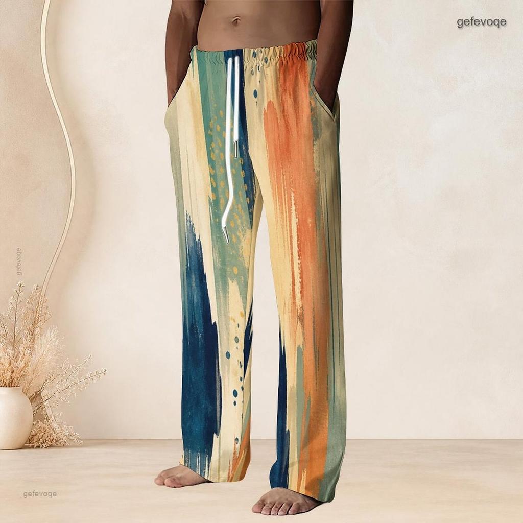 Men S Plus Size Blue Black Ink Splash Printed Drawstring Waist Straight Leg Full Length Beach Pants
