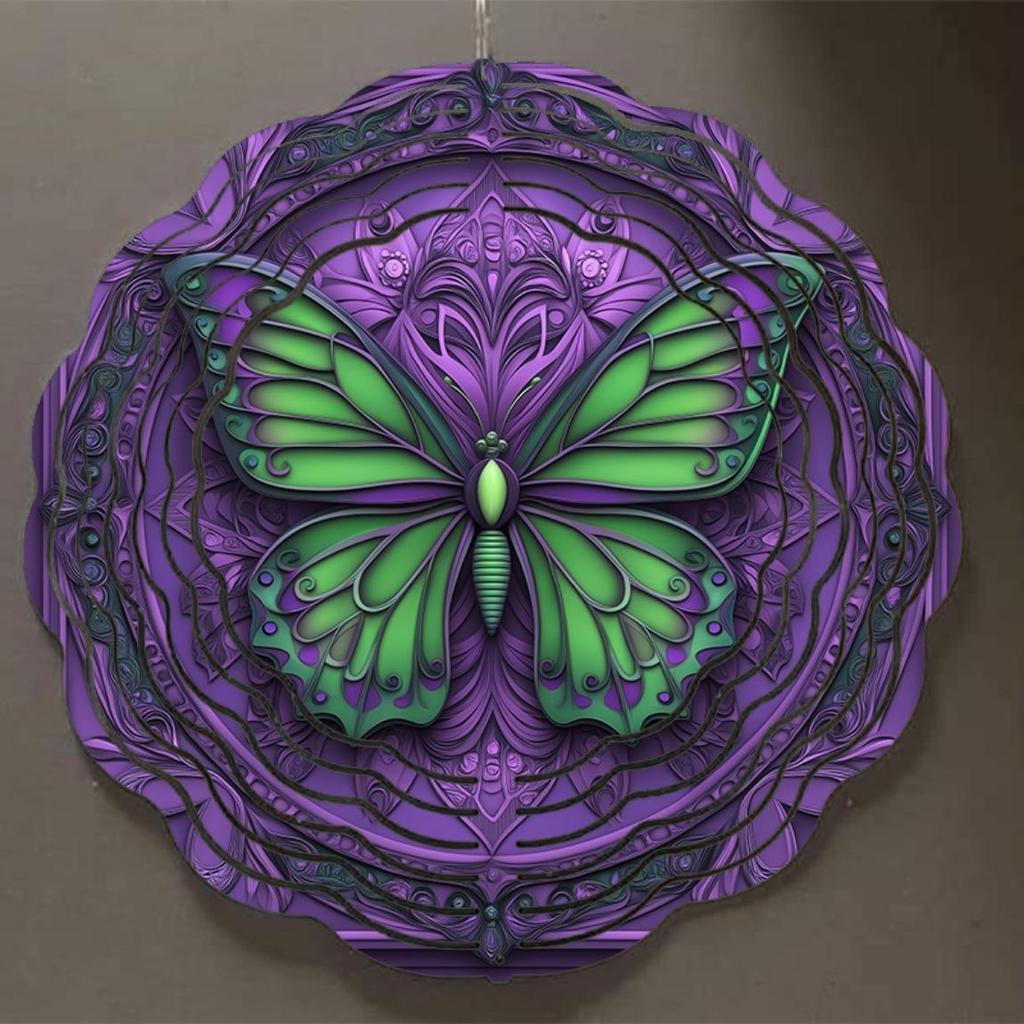 Vibrant 10 Inch Mandala Wind Chime with Swirling Butterflies Purple Green Metal Garden Decor Outdoor Art Gift for Family Friends
