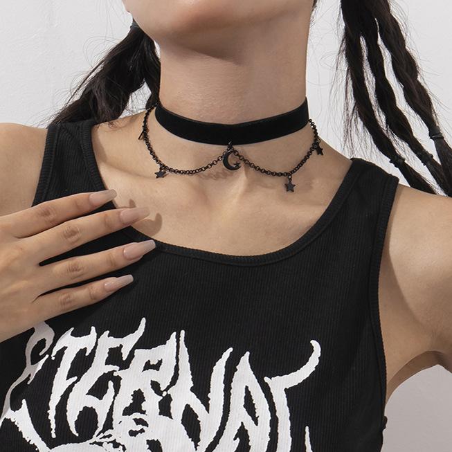 Accessories, Personalized Halloween Black Collar Necklace, Sweet and Cool Star and Moon Pendant, Fringed Necklace for Women