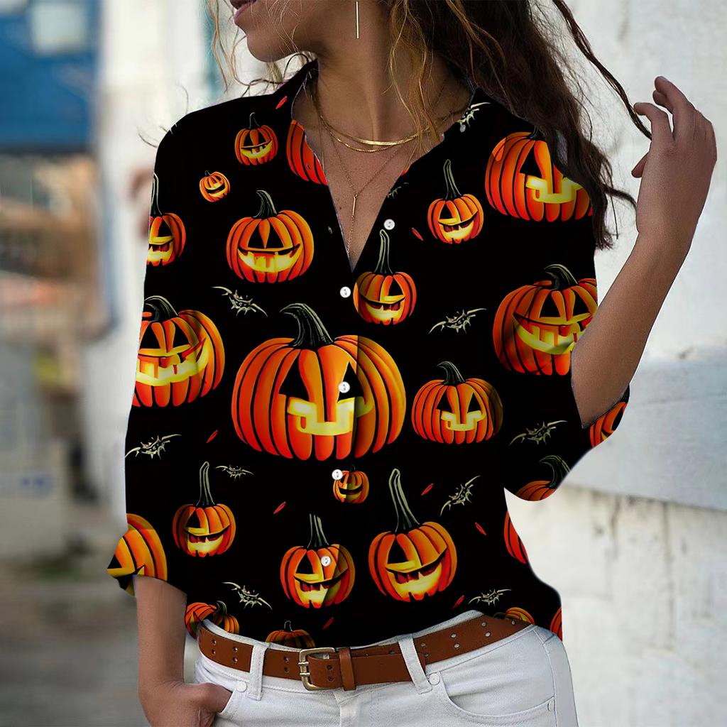 Halloween Print Women Blouse Spring Autumn Femme Office Lady Button Up Turn Down Collar Shirts