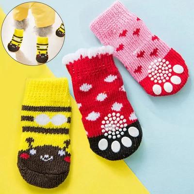 4Pcs Winter Anti-Slip Pet Dog Socks Knit Warm Socks for Cats Dogs Chihuahua Thick Paw Protector Dog Socks Booties Accessories