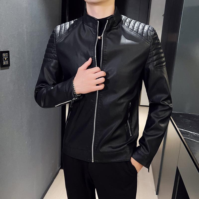 New Men's Slim Fit PU Leather Stand-Collar Jacket - Trendy Motorcycle Outerwear for Youth, Autumn/Winter.
