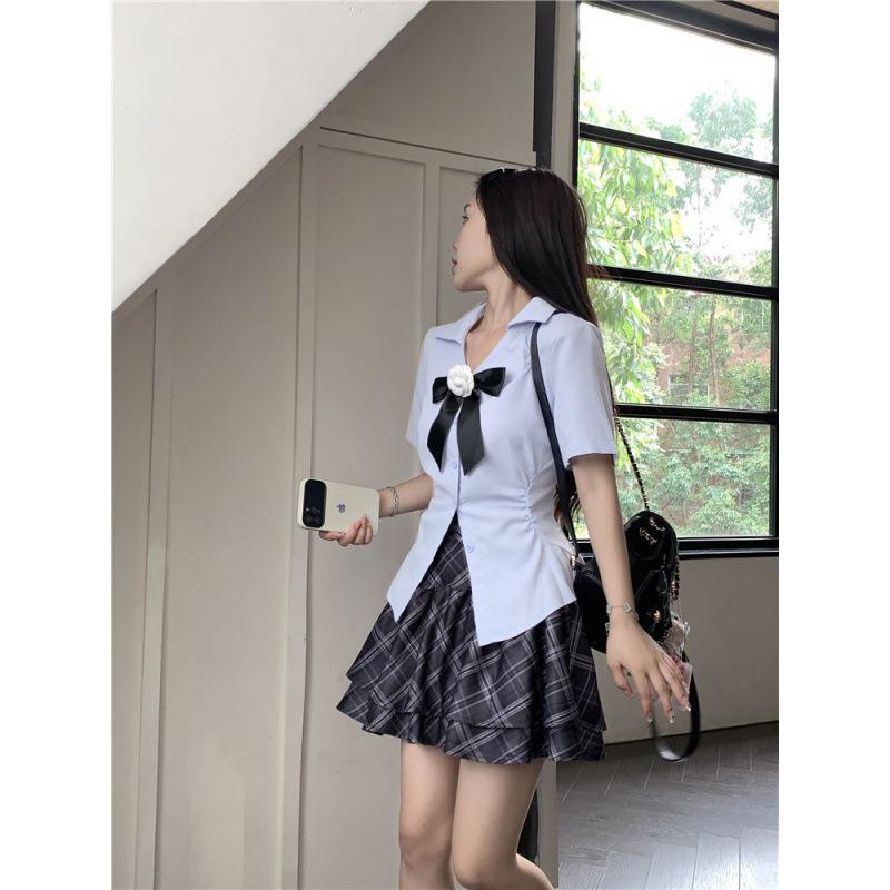 Hot Girl College Style Thai School Uniform Bow Short Sleeve Shirt Women’s Summer Two-Piece Set