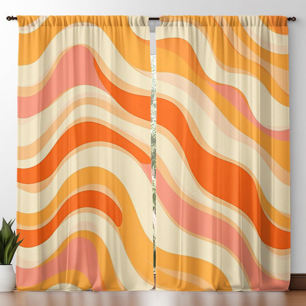 Colorful Wave Curtains Set of 2 – Abstract Rainbow Swirls, Rod Pocket Semi-Sheer Drapes for Kitchen & Living Room