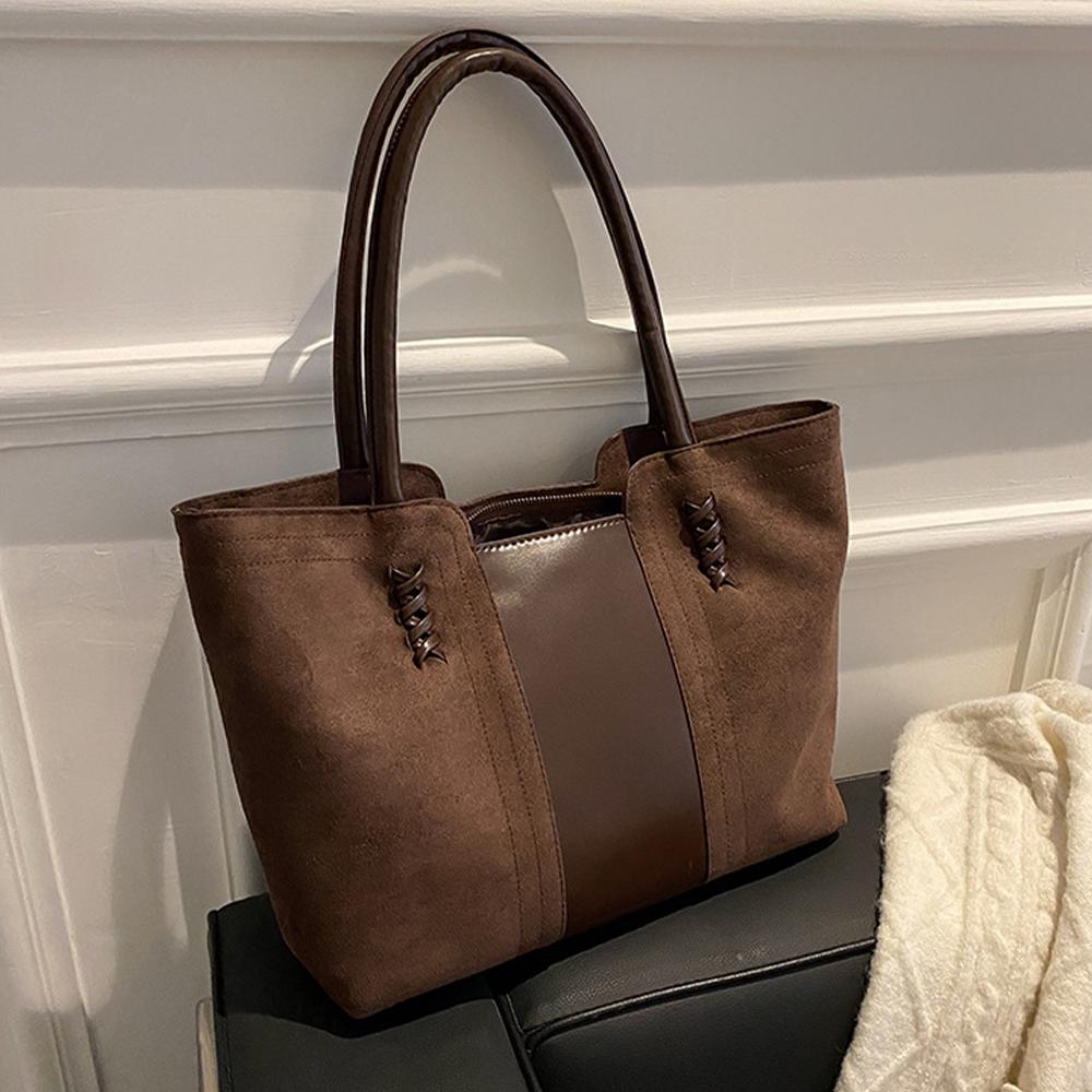 Wildleder Oberfläche Handtasche Für Damen, Koreanische Mode Freizeit Pendler Handtasche, Vintage Farbkollision Spleißung Tote Bag