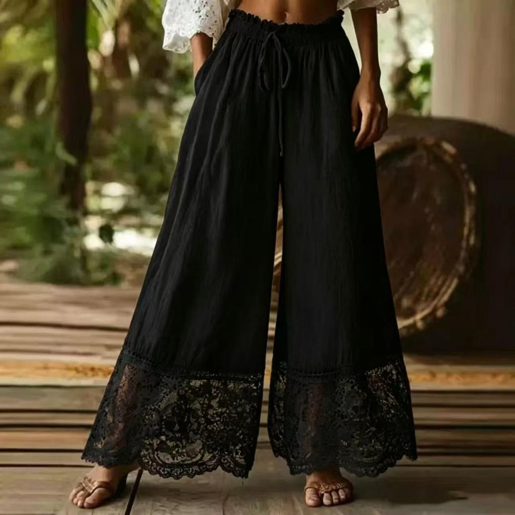 Women's Fashion Color Loose Linen Feel Wide Leg Pants with Lace Trim, Casual Trousers