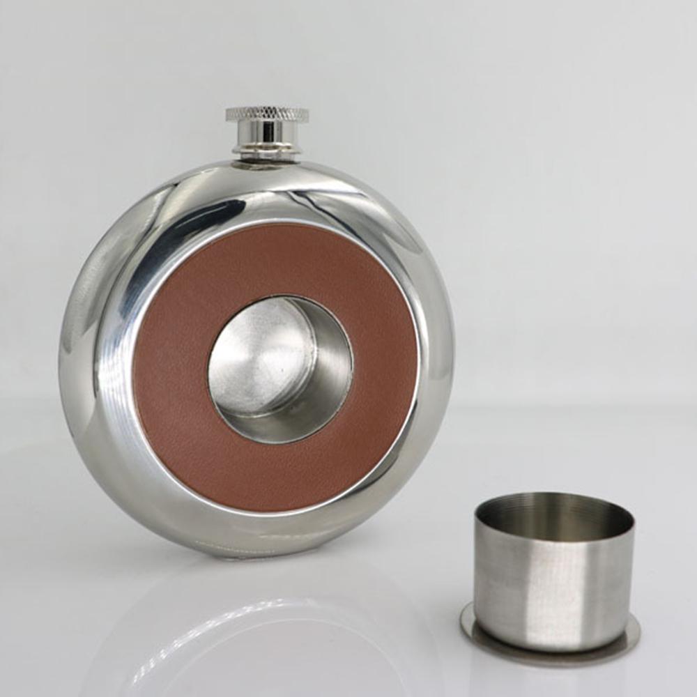 304 stainless steel hip flask, wineglass funnel set, Mirror face cake shaped small wine pot, Portable flagon wine set, 5oz