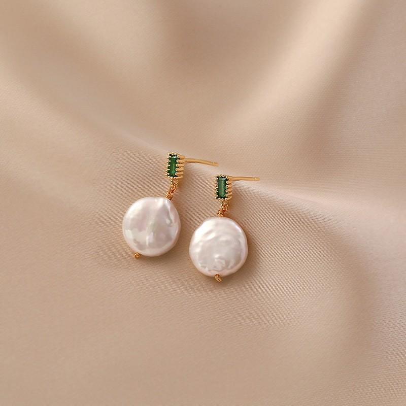 14-15mm Big Baroque Freshwater Pearl Stud Earrings Retro Style Green White Pink Zircon Earrings Jewelry Gift 2025 New Arrivals White
