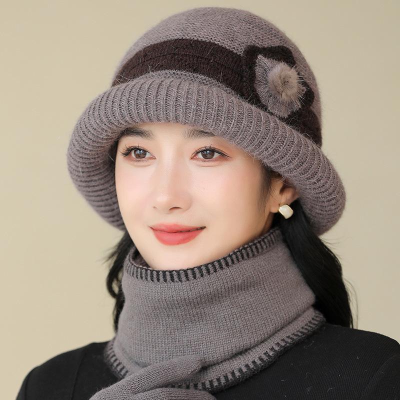 New Style Woolen Hat for Middle Aged and Elderly Women  Ear Protection  Warm Knitted Basin Hat  Stylish Rolled Brim Plus Velvet Granny Hat