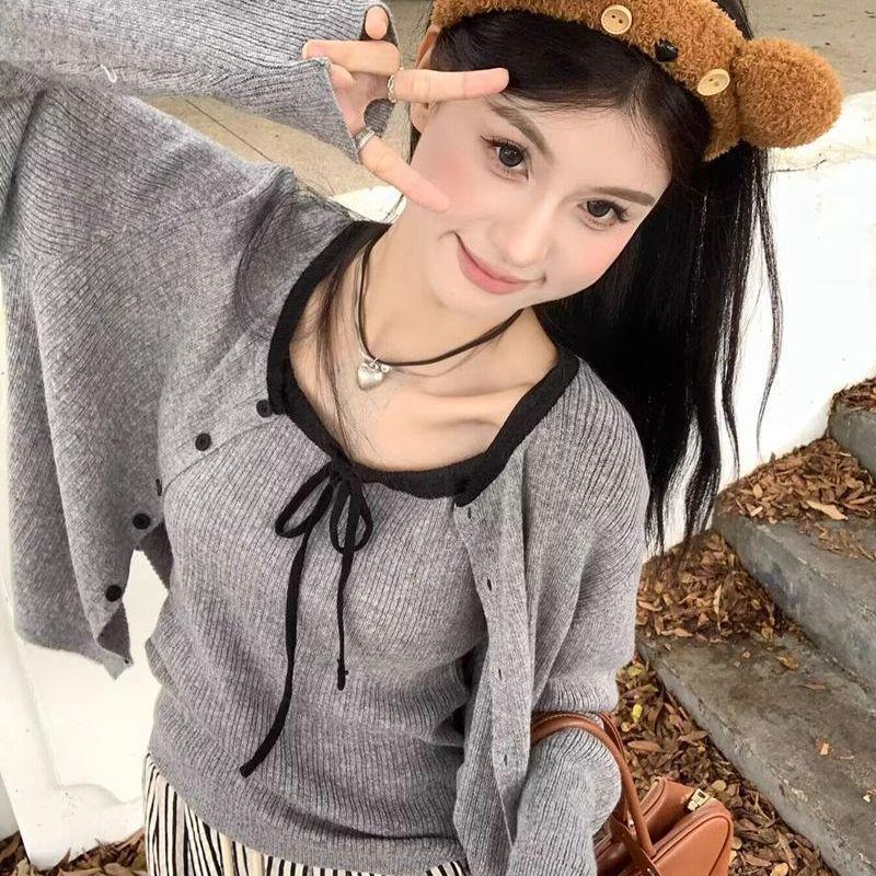 Korean Style Autumn Two-Piece Set: Color Block Cardigan & Tie-Up Camisole Vest