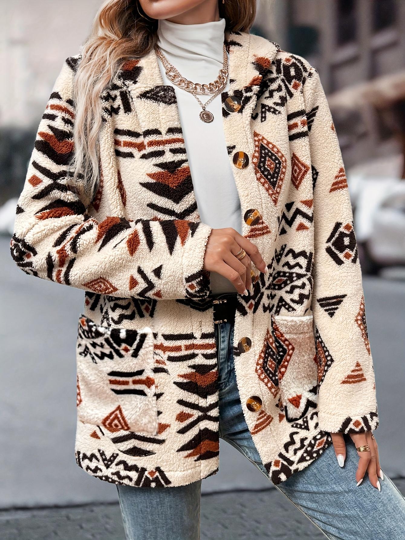 

Женское флисовое пальто с капюшоном и геометрическим принтом ацтеков - Повседневная зимняя куртка средней длины с передними карманами, машинная стирка и застежка на одну пуговицу S