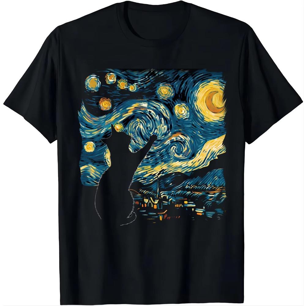 Cat Under The Starry Sky Print Tee Van Gogh Spirit Shirts Graphic T Shirts Mens Clothes Tops Camisas Streetwear Ropa Hombre