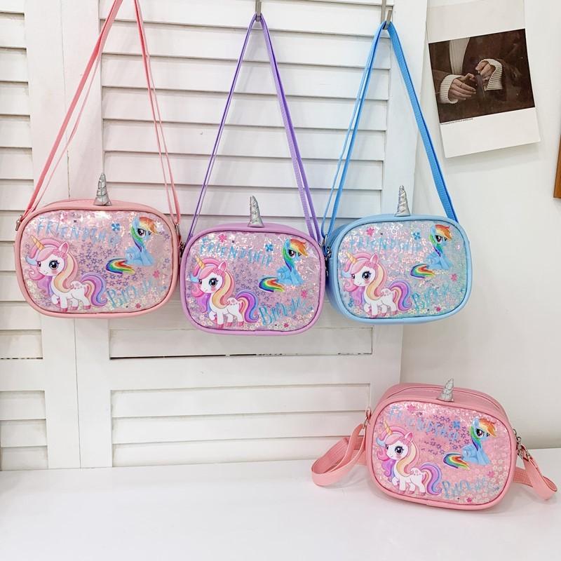 Cartoon Rainbow Unicorn Kids Shoulder Bag With Glitter Sequins For Daily Use