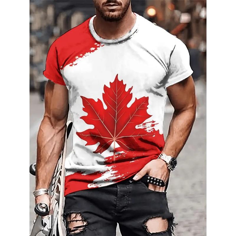 Men'S Canadian Flag & Maple Leaf Print T-Shirt Summer Short Sleeve Tee Shirts With Round Neck