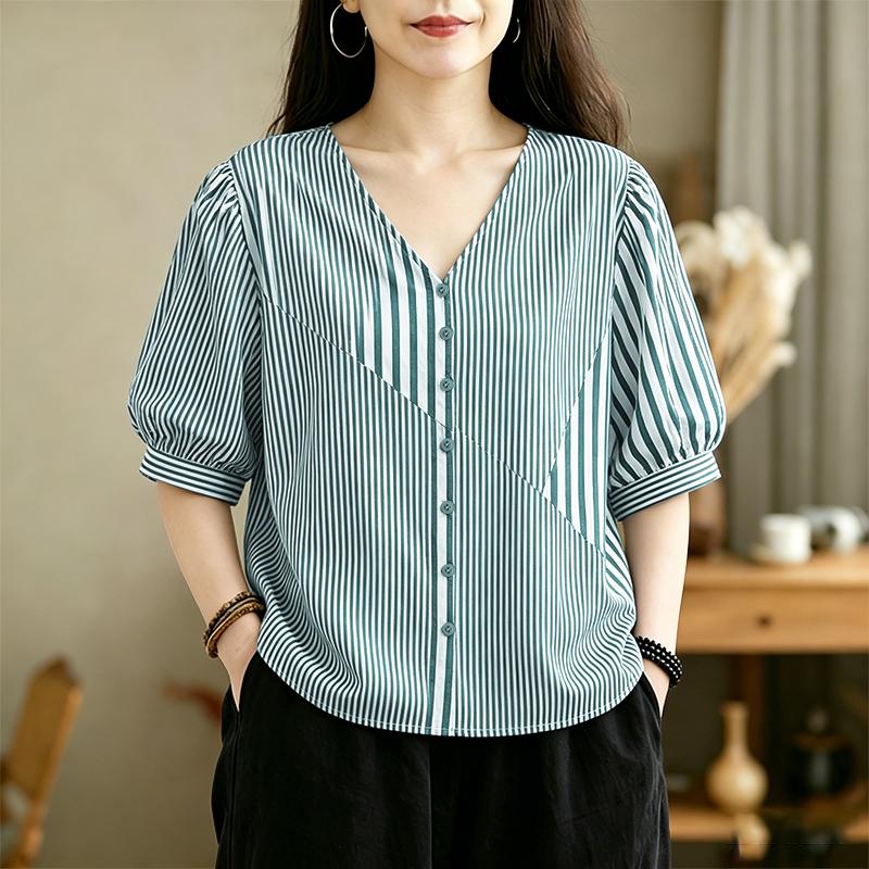 ZANZEA Women Casual V-Neck Loose Half Sleeve Stripe Blouse S