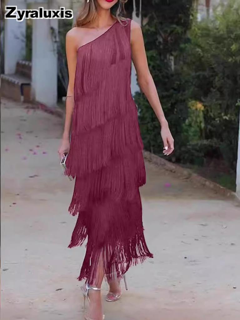 Fashion Fringe Asymmetric One-Shoulder Dress Spring Summer New Arrival