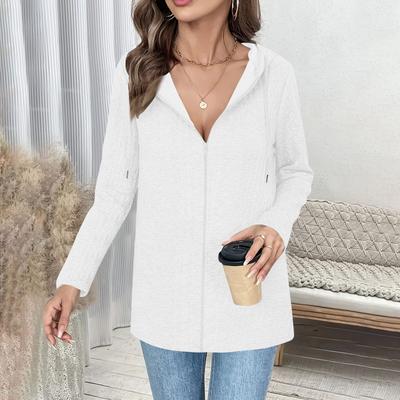 Casaco Cardigan Casual Feminino Novo Primavera Outono Inverno Solto com Zíper Manga Longa com Capuz Cor Sólida