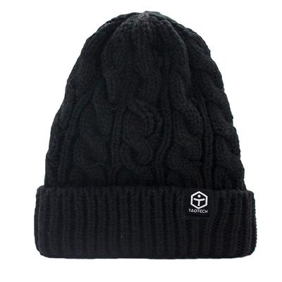 TaoTech Knit Solid Simple Warm and Warm Size Fits Cable Beanie, Fold-Over Cap, Unisex, Color, Stretch, Design, (One All, Knit/Black)