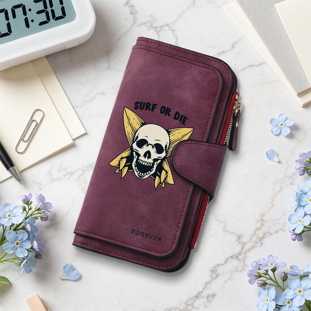 Surf Skull Print Long Wallet Bifold Multi Card Holder Casual Purse