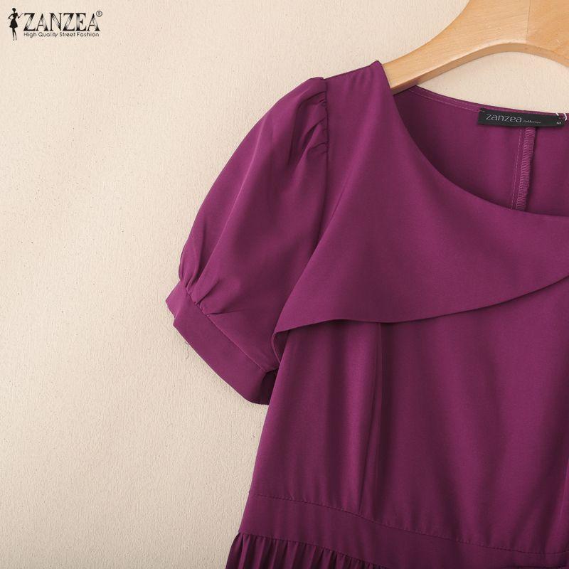 ZANZEA Women Casual Square Collar Summer Short Sleeve Pleated Dress