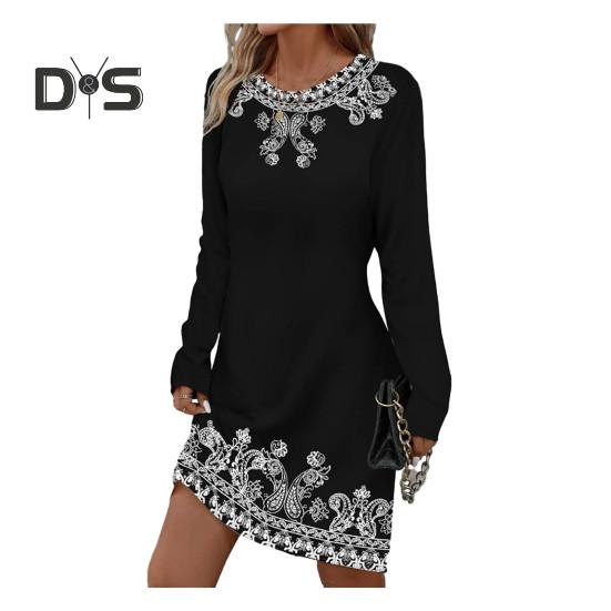 

Женское весеннее мини-платье с принтом и круглым вырезом, платье с длинными рукавами, осеннее повседневное офисное платье для дам M чёрный