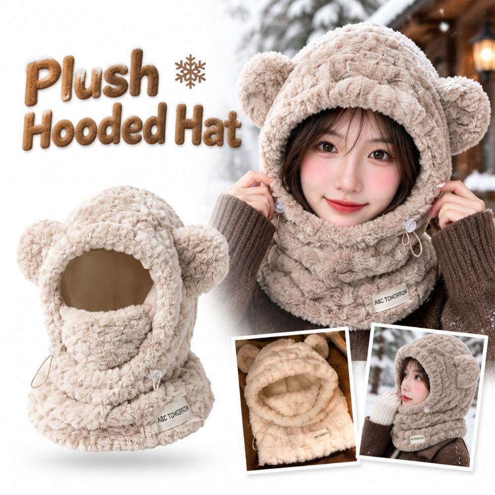 Adjustable Drawstring Hat Scarf Combo Thickened Warm Winter Balaclava Plush Hooded Hat for Women