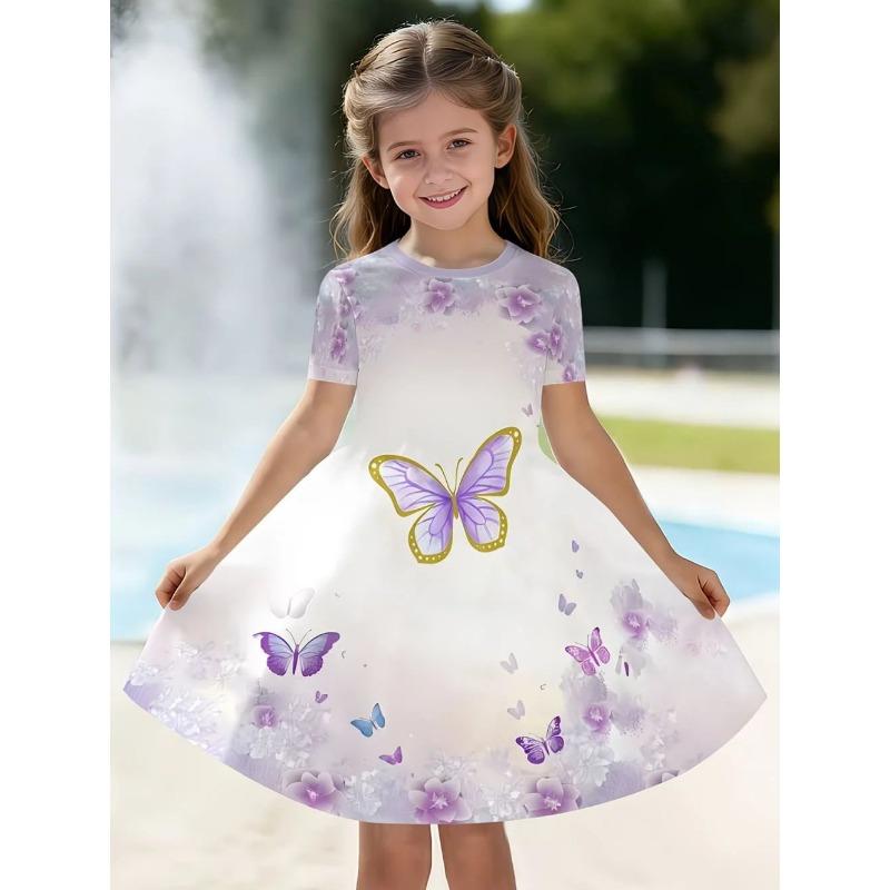 Girl Rainbow Princess Printed T-shirt Dress, White Casual Dress, Suitable for Children's Parties and Birthdays As A Gift
