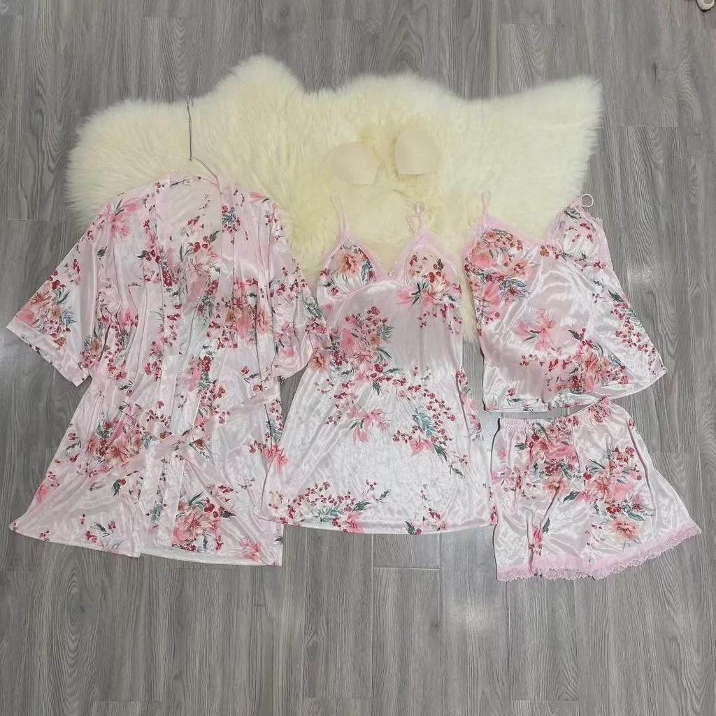 Sexy Pyjama-Set aus Eisseide für Damen – Sommer/Herbst 2023: Vierteilig, dünn, Brustpolster, Hosenträger, Nachthemd und Morgenmantel