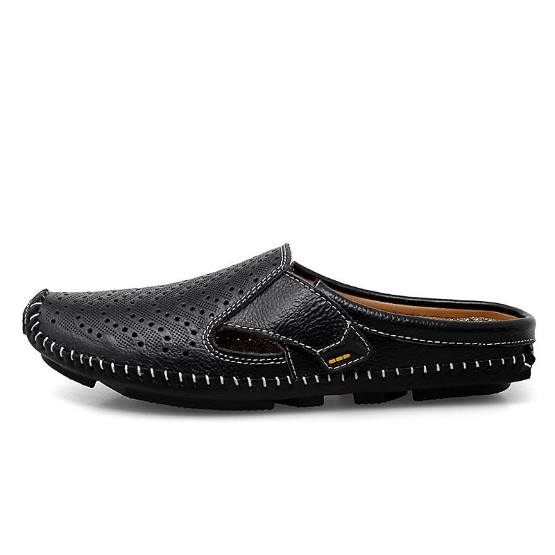 Fashion New Genuine Leather Men's Slippers Summer Breathable Casual Mules Light Half Shoes For Men Outdoor Anti-slip Driving Loafers Man