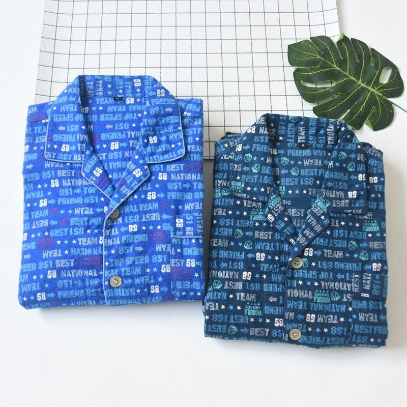 Japan Fashion Cotton Sanding Flannel Print Men's Long Sleeve Trousers Pajamas Set Spring, Autumn and Winter Cotton Lapel Homewear