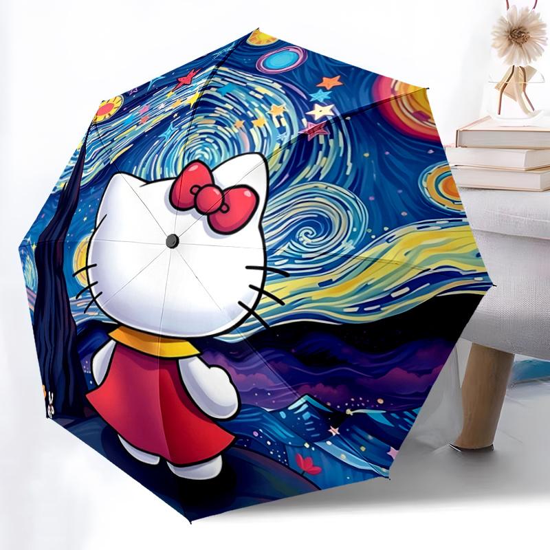 1pc Hello Kitty Starry Night Automatic Opening Folding Umbrella - Portable 3-Fold Design with Iron Frame, Perfect for Outdoor Use, Festive Gifts, Trav
