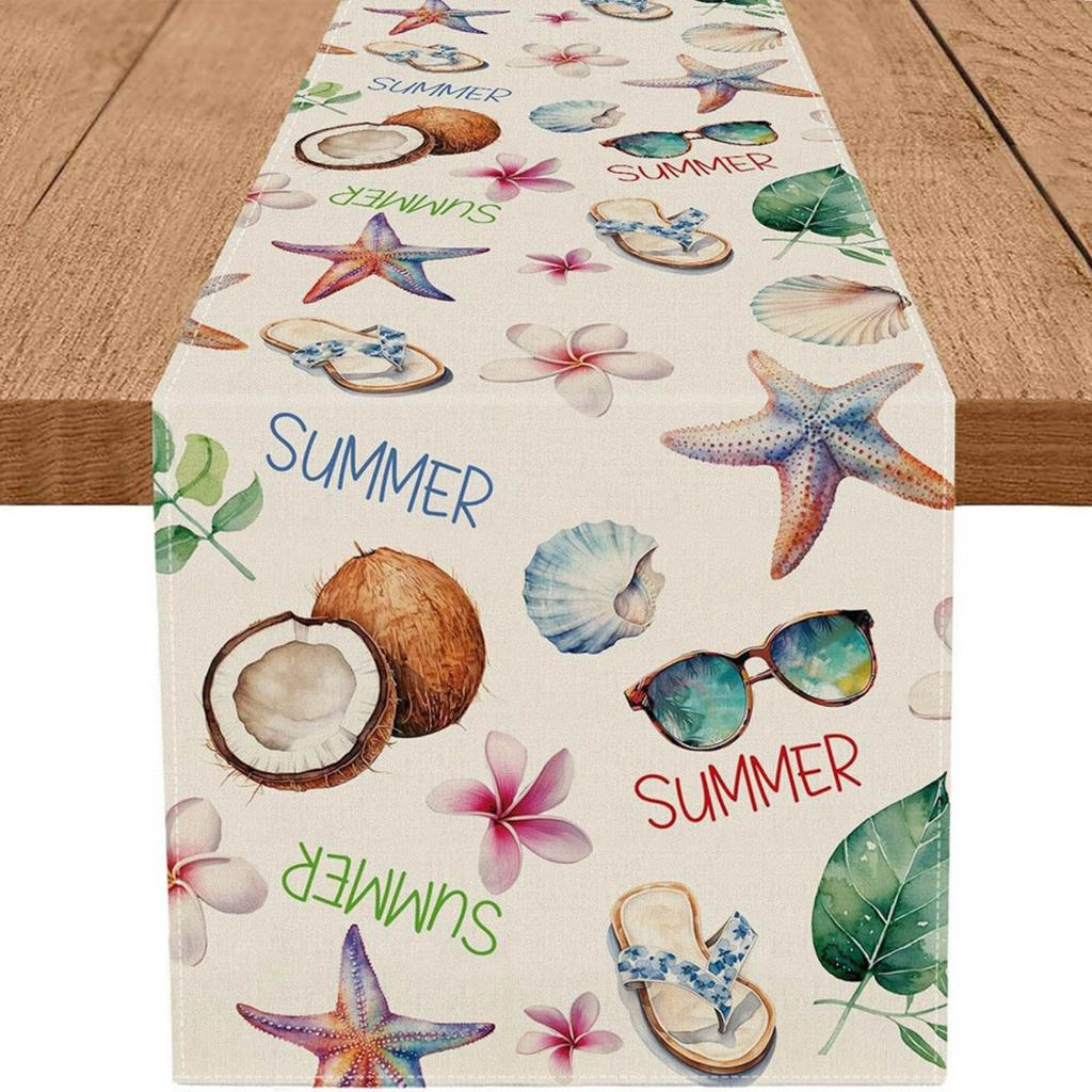 Summer Coastal Seashell Turtle Tablecloth Non Slip Durable Linen Printed Table Runner for Coffee Table Dining Table Decoration