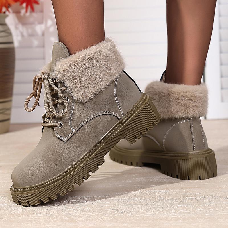 Fashion Faux Fur Lace-Up Ankle Boots for Women Autumn Winter Warm Plush Short Boots Woman Comfortable Anti Slip Cotton Padded Shoes 42