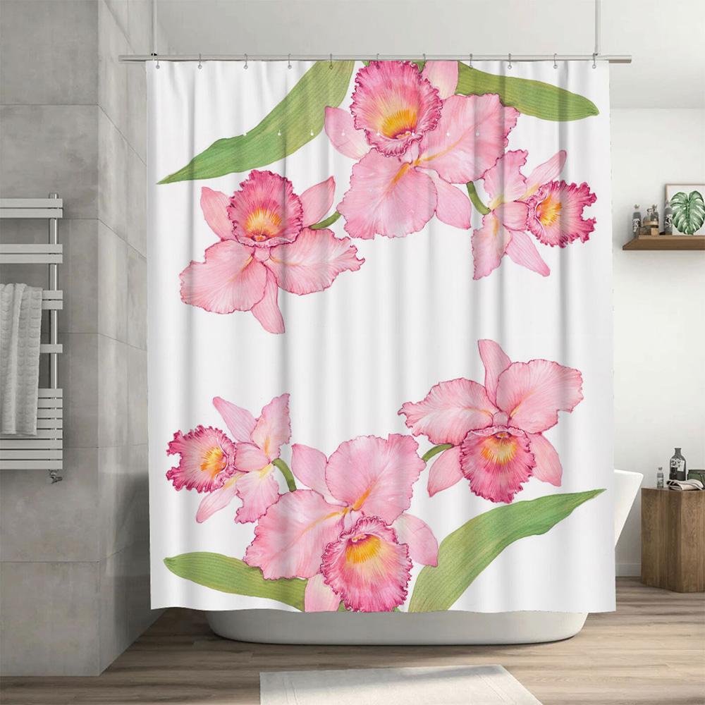 Delicate Floral Shower Curtain Pink Orchid Bathroom Decor for Home Bath Room Waterproof Shower Curtains with Grommets White Back