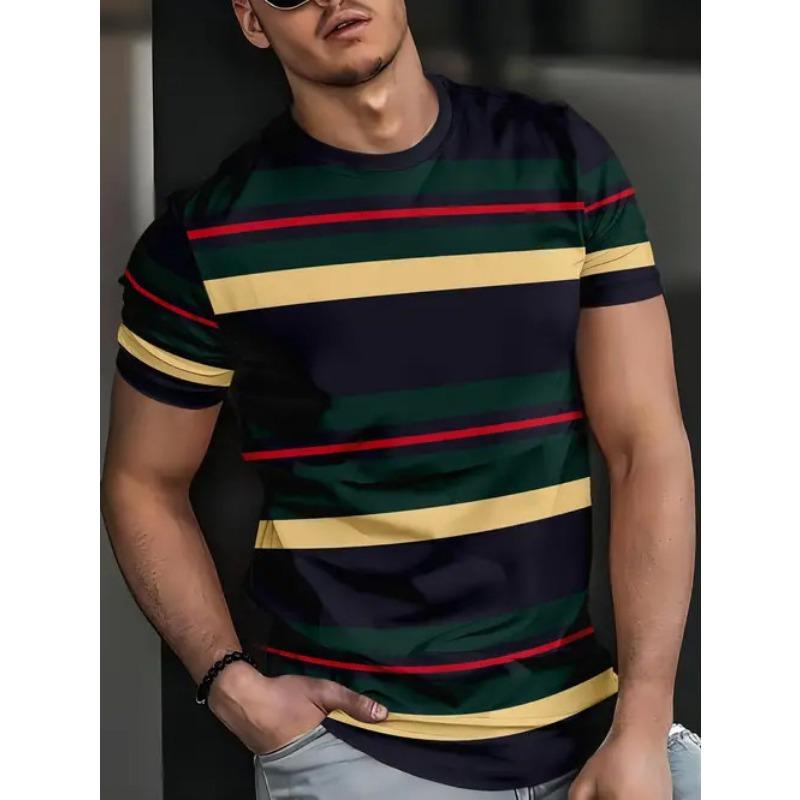 Pánské ležérní pruhované tričko s digitálním 3D potiskem, kulatým výstřihem a krátkým rukávem, ideální letní a ležérní oblečení