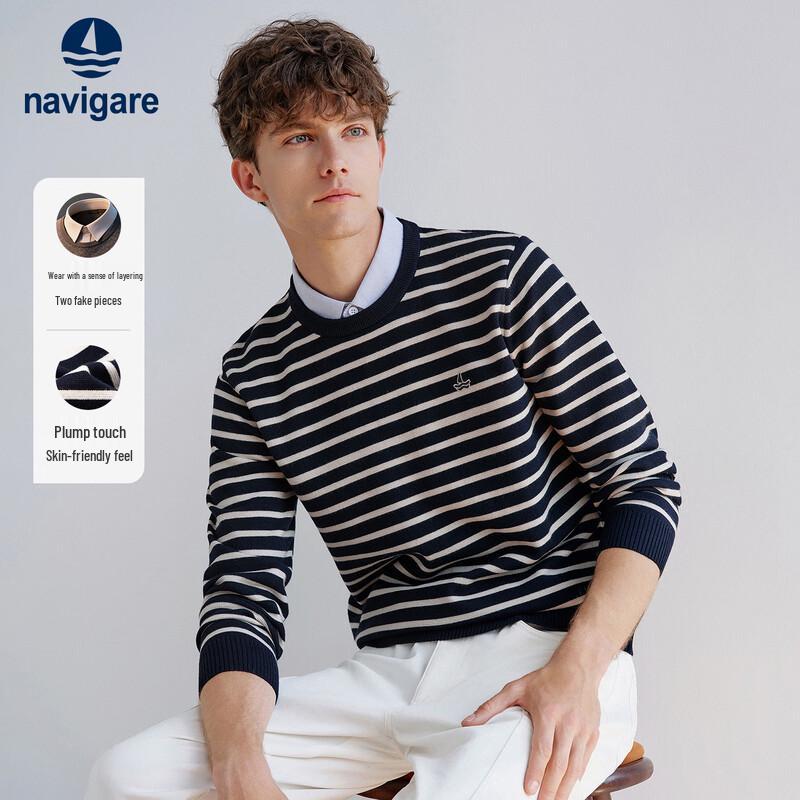 

Navigare Men s Faux Two-Piece Striped Shirt-Collar Knit Sweater L