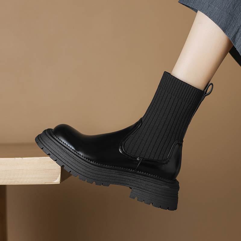 Krazing Pot Microfiber Autumn Winter Shoes Thick High Heels Flat Platform Size 43 Motorcycle Boots Knitwear Non-slip Ankle Boots