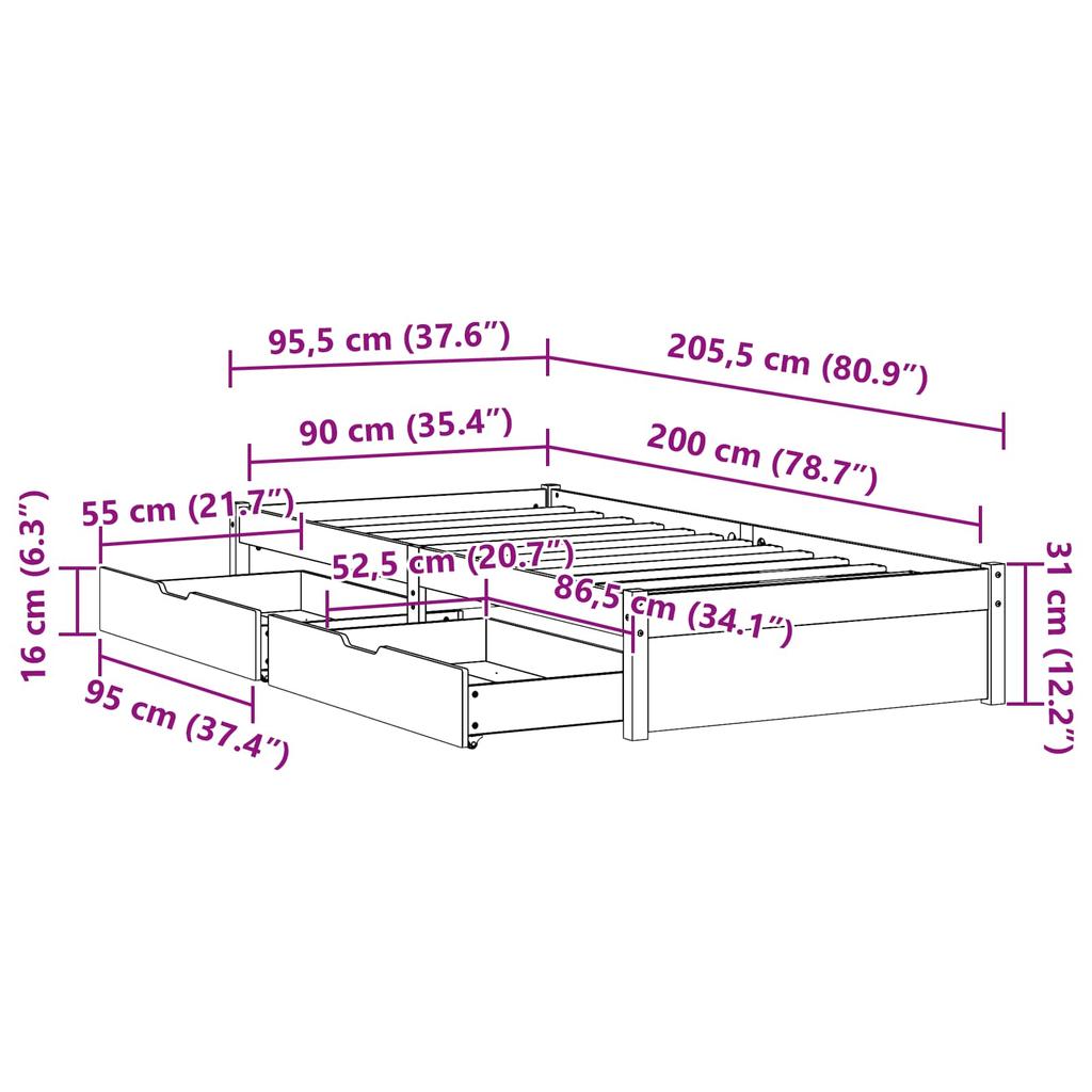 Bed Frame with Drawers Wax Brown Solid Pine Wood