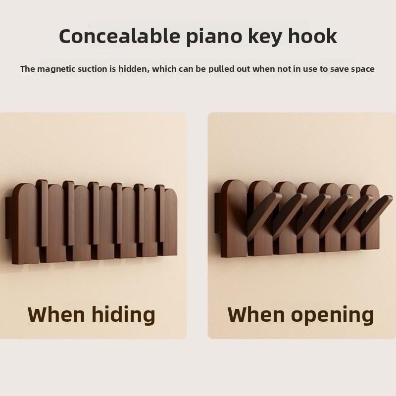Piano Key Hanging Rack - Wall-Mounted Wooden Hook with Multiple Compartments for Clothes, Hats, Bags, Entryway Organizer