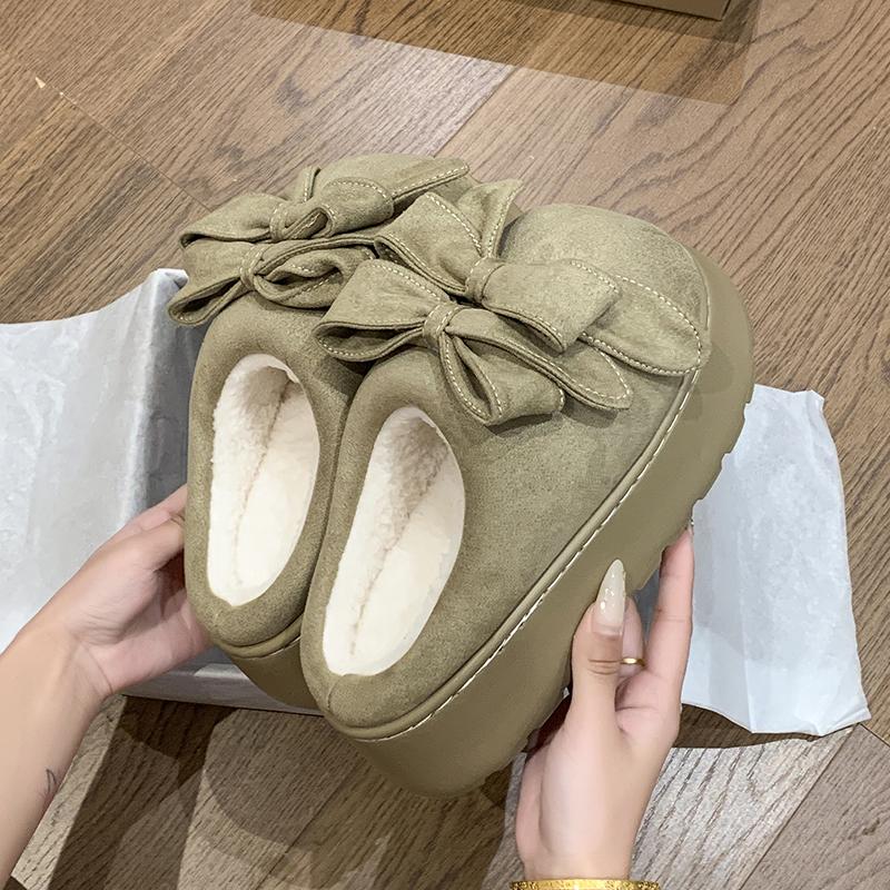 Schleifen Baotou Hausschuhe Winter Neu Runde Spitze Wildleder Plateau Sohle Rutschfest Verschleißfest Warm Baumwollschuhe