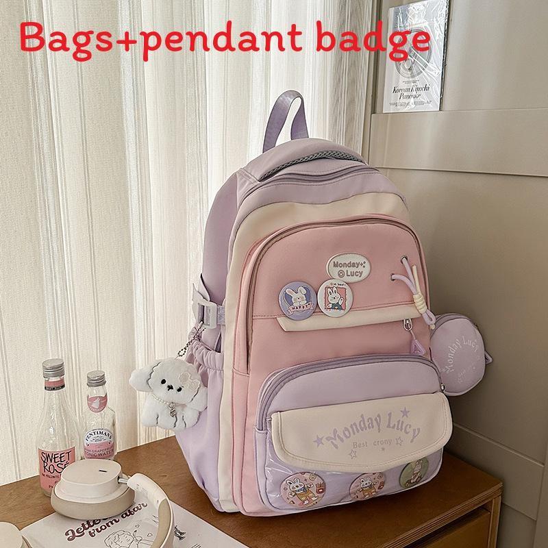 Color Simple Blocked Letter Pattern Student Backpack With Badge Pendant And