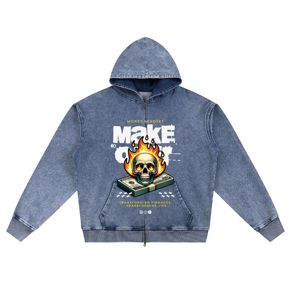 DTG-Druck Strick-Denim Zip-Up Hoodie Money Mindset Makeover Bruder-Druck Reißverschluss-Hoodies
