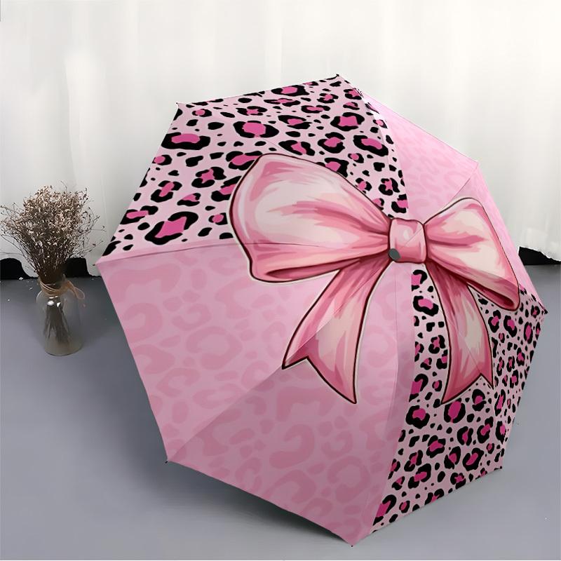 1pc Pink Leopard Print Bow Automatic Folding Umbrella Durable Iron Frame,All Seasons Home Travel Outdoor Multifunctional Umbrella Yy251115172