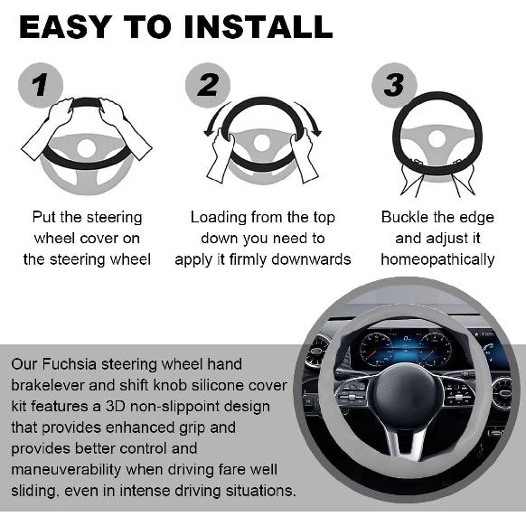 3PCS Silicone Car Steering Wheel Cover Set - Includes Car Handbrake Cover & Gear Shift Cover & Anti-Slip Steering Wheel Protector, Universal Auto