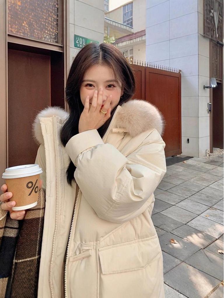 2025 Women's Korean Style Winter Down Jacket: Mid-Length, Hooded, with Large Fur Collar, Loose Fit, Thick and Warm.