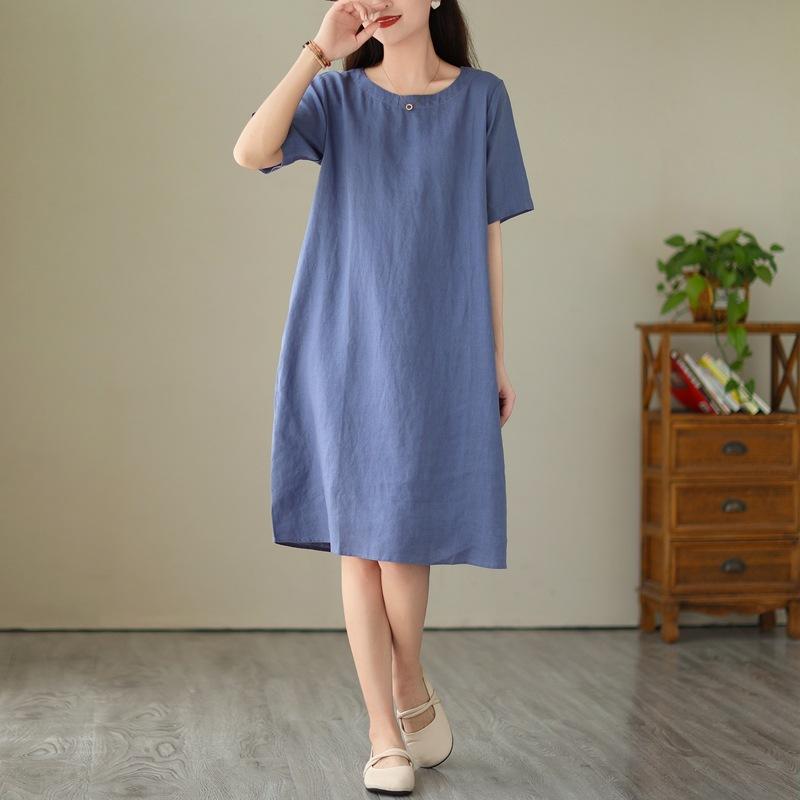 Women's Summer Lightweight Cotton Linen Dress, Japanese Minimalist Solid Color Round Neck Short Sleeve Loose Casual Midi Dress