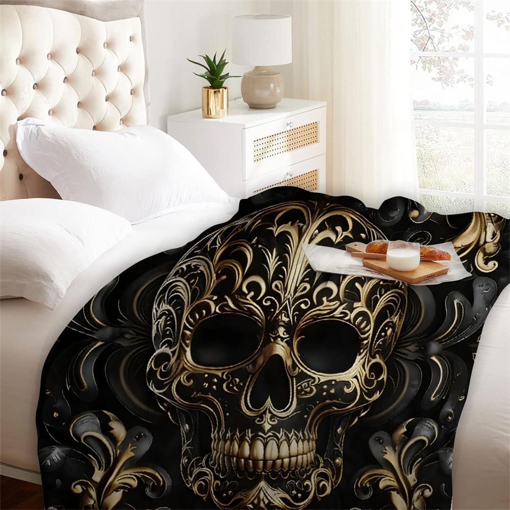 Black and Gold Skull Blanket Soft Cozy Warm Winter Flannel Throw Blanket All Seasons for Sofa Bed Room Decor
