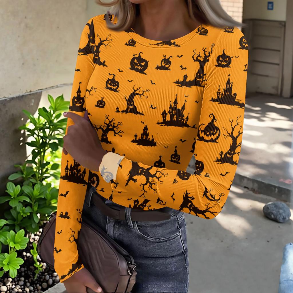 Women Halloween Print Long Sleeve Slim Fit Crew Neck Base Layer T Shirt Casual Stretchy Top for Everyday Wear